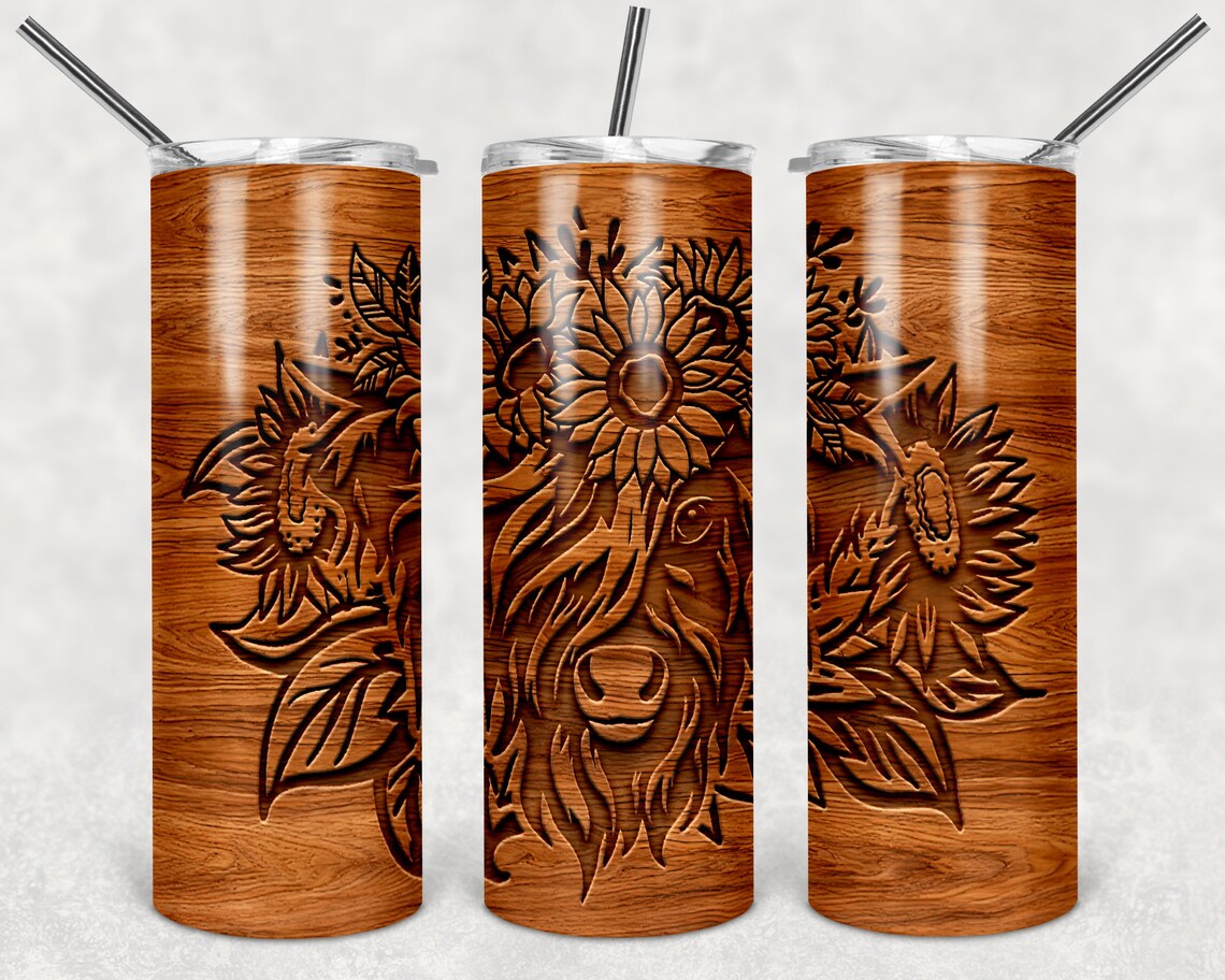 Highland Cow Wood Carved Tumbler 20oz